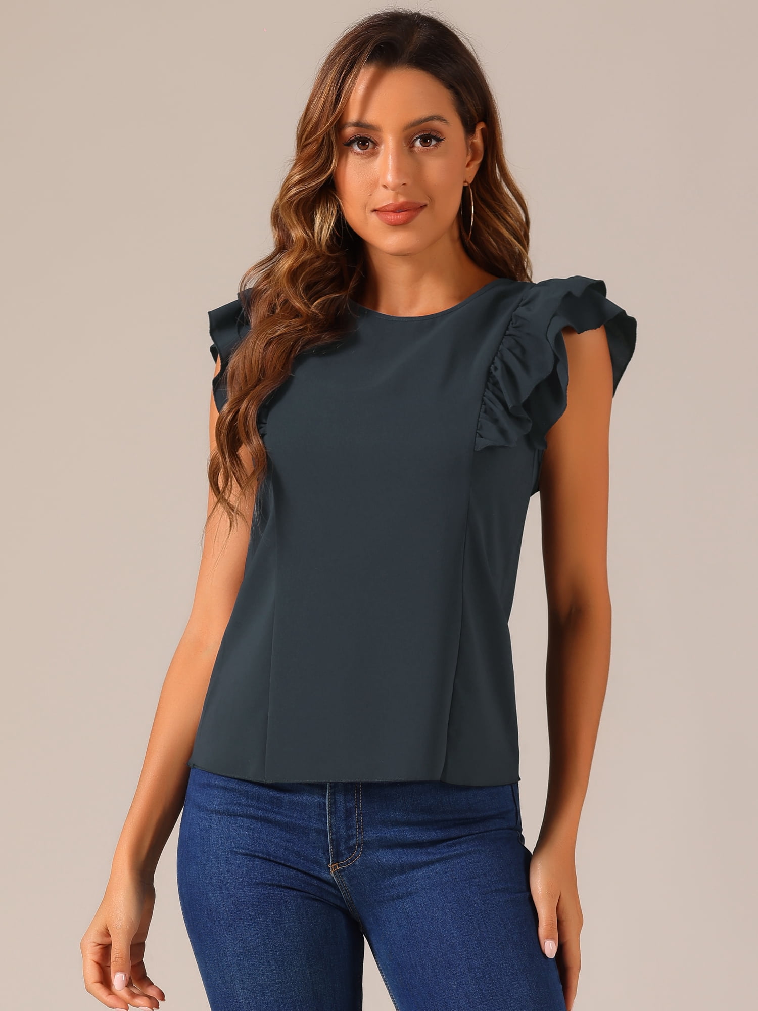DARING DIVA Women's Ruffle Round Neck Layer Cap Sleeve Blouses XS Black