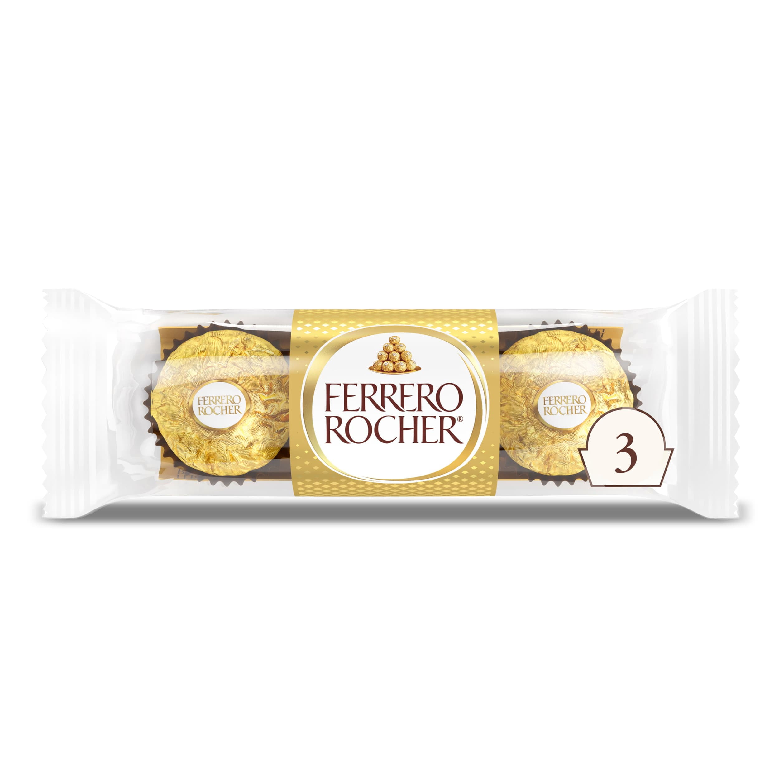 3 Count, Ferrero Rocher Premium Gourmet Milk Chocolate Hazelnut, Individually Wrapped Candy for Gifting, 1.3 oz