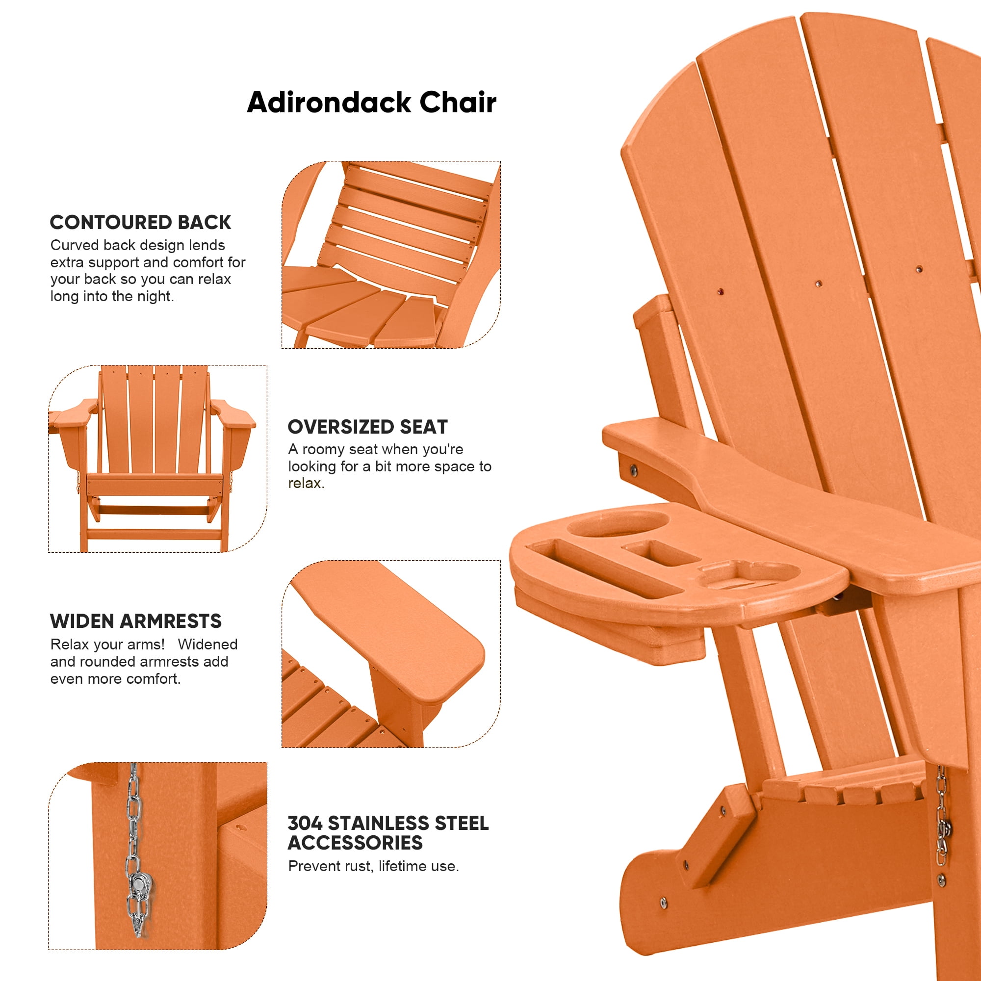Folding HDPE Adirondack Chair with 4 in 1 Cup Holder Tray Plastic Adirondack Chairs Weather Resistant Lawn Outdoor Firepit Chairs, Orange