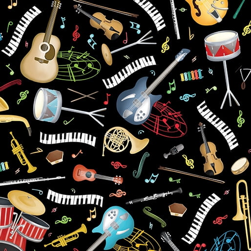 Cotton Making Music Musical Instruments Notes Piano Keys Drums Strings Band Jazz Guitars Benartex Black Cotton Fabric Print by the Yard (14772-12)