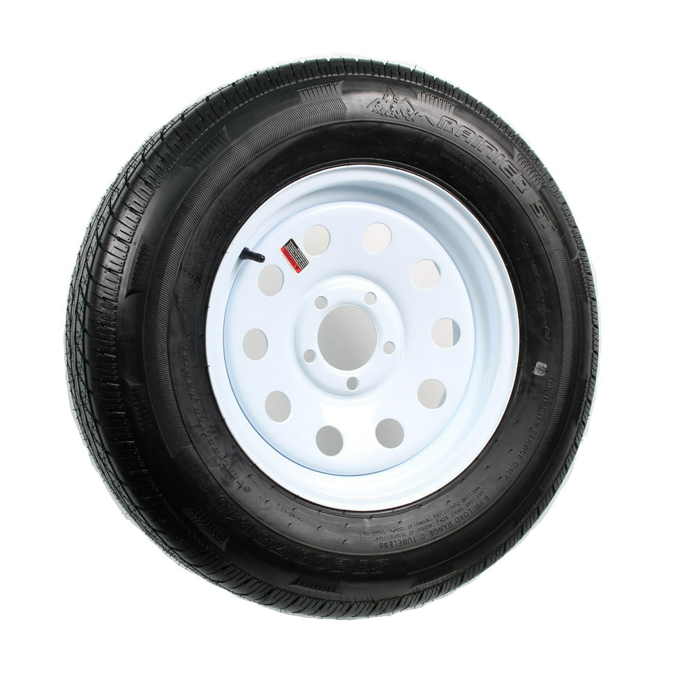 Radial Trailer Tire On Rim 205/75R15 5 Lug 4.5 Center White Wheel