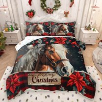Homewish Animal Horse Full Size Comforter Sets 3-Piece for Teens Boys Girls,Merry Christmas Bedding Comforter Set,Xmas Red Flowers Lightweight Bedding Sets,Luxury Bedroom Decor,Reversible