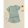 thumbnail image 5 of Toddler Baby Kids Girls Summer Outfit 6 12 18 24 Months 2T 3T 4T Lettuce Trim Floral Print Ribbed Short Sleeve T-Shirt and Elastic Shorts Set 2 Piece Clothes, 5 of 9