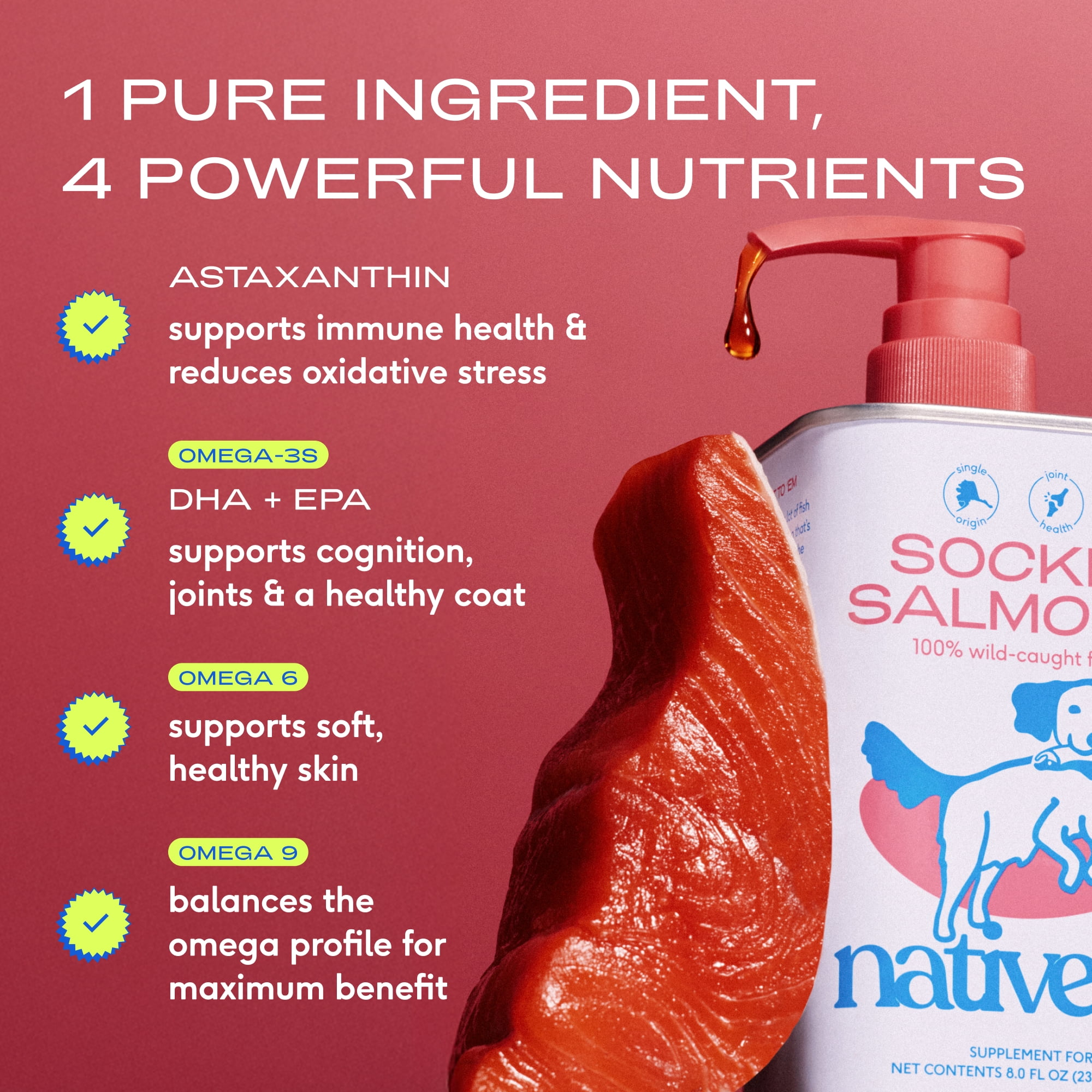 Native Pet Sockeye Salmon Oil Supplement for Dogs & Cats, Promotes Skin, Coat, & Joint Health, 8 oz