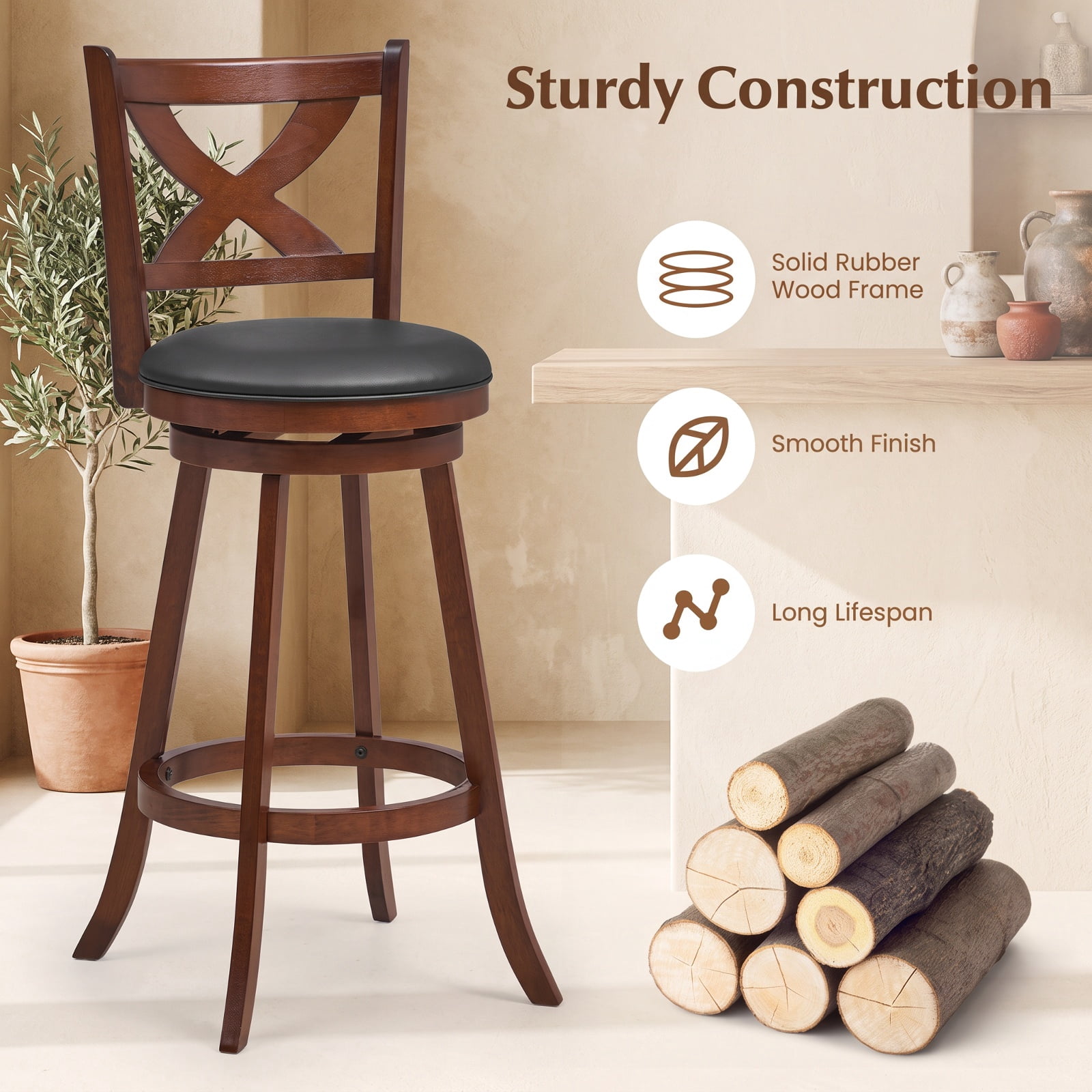 Furnibear 2 Pieces Classic Counter Height Swivel Bar Stool Set with X-shaped Open Back-30 Inch for Kitchen Island Counter Bar Pub Dining, Espresso