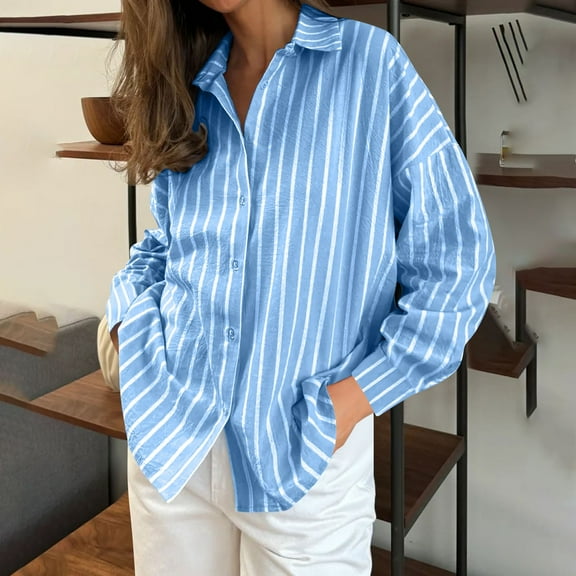 Womens Button Down Shirts Striped Classic Long Sleeve Collared Office Work Blouses Tops Blue M