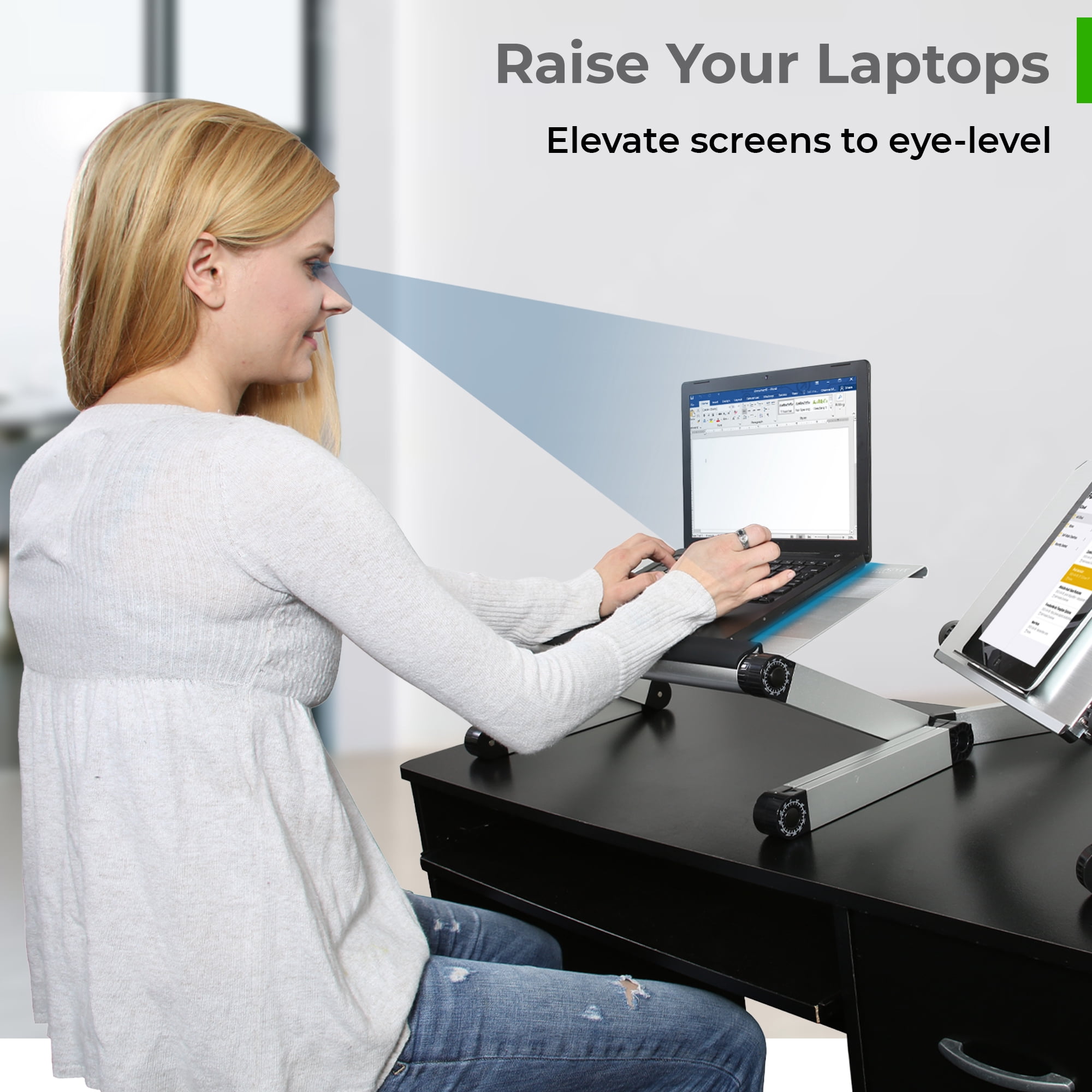 Adjustable Laptop Stand for Desk and Bed – WorkEZ Executive Aluminum Laptop Riser with Ergonomic Height & Tilt, Cooling Panel, and Portable Lap Desk Design