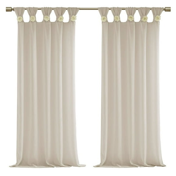 Madison Park Rosette Faux Linen Fabric Floral Cuff Tab Top Window Panel in Cream