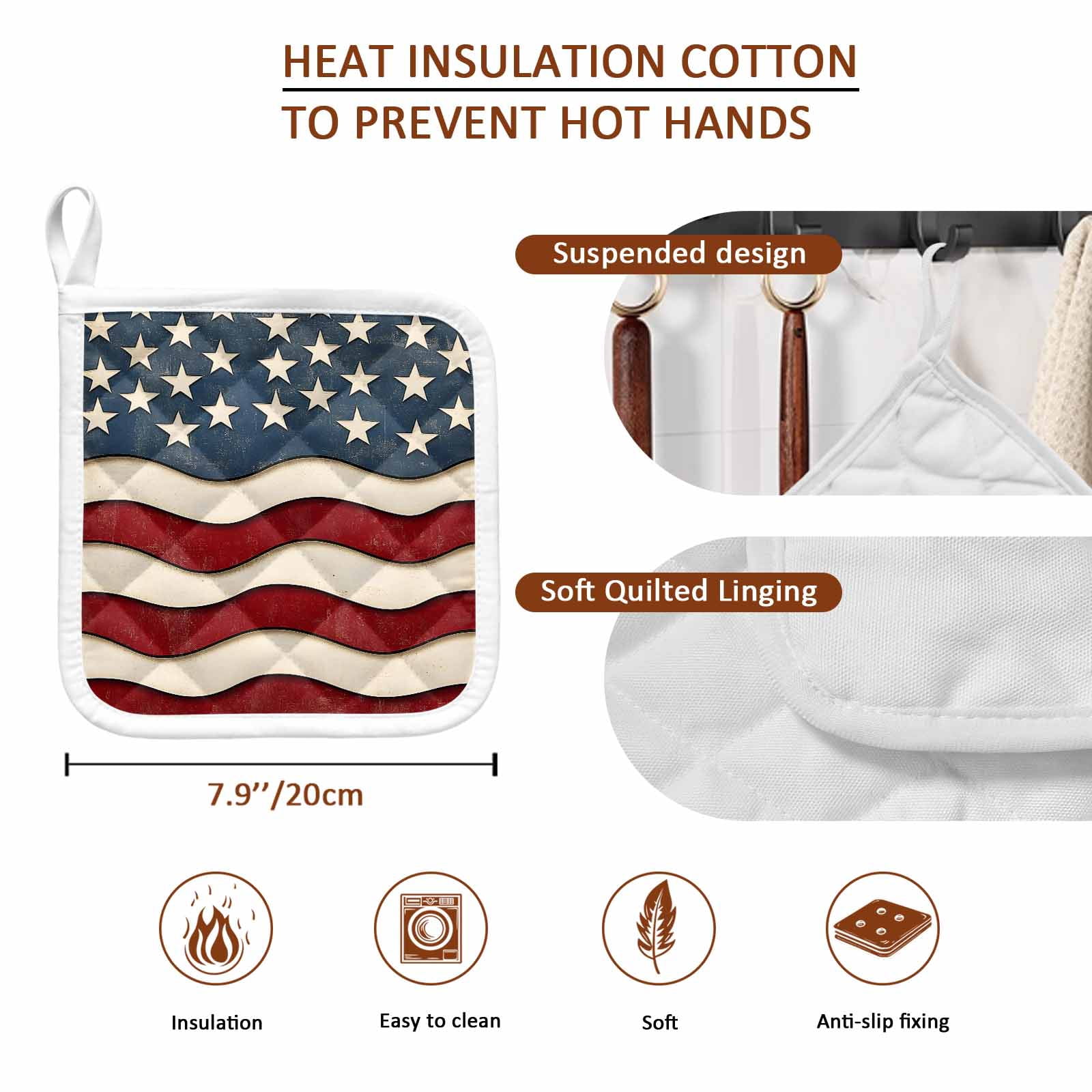 Retro American Flag Pot Holders for Kitchen Heatproof Potholder, 5 Pack White Star Red Blue US Flag Hot Pads Multipurpose Oven Pads Cloth Potholders Trivet for Cooking Baking