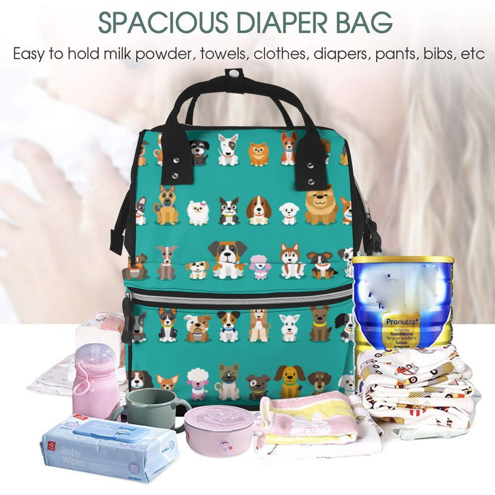 Ratiio Cartoon Dogs Mummy Backpack - Waterproof Twill Canvas, Large Capacity Diaper Bag with Multiple Pockets and Adjustable Straps