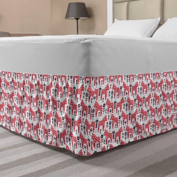 Ethnic Bed Skirt, Folk Inspired Swedish Dala Horse with Floral Ornaments Folklore Art, Elastic Bedskirt Dust Ruffle Wrap Around for Bedding Decor, 4 Sizes, Dark Coral Indigo, by Ambesonne