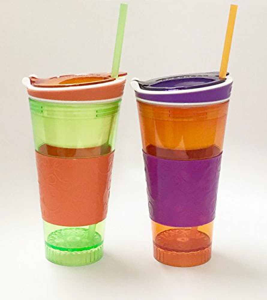 Snackeez Travel Cup Snack Drink in One Container 16oz  (Green/Orange): Tumblers & Water Glasses