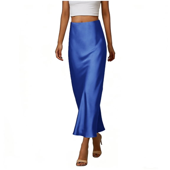 Women's Elegant Satin Maxi Skirts High Waisted Flare a Line Long Skirts Cocktail Party Wedding Guest Half Dress Blue 3XL