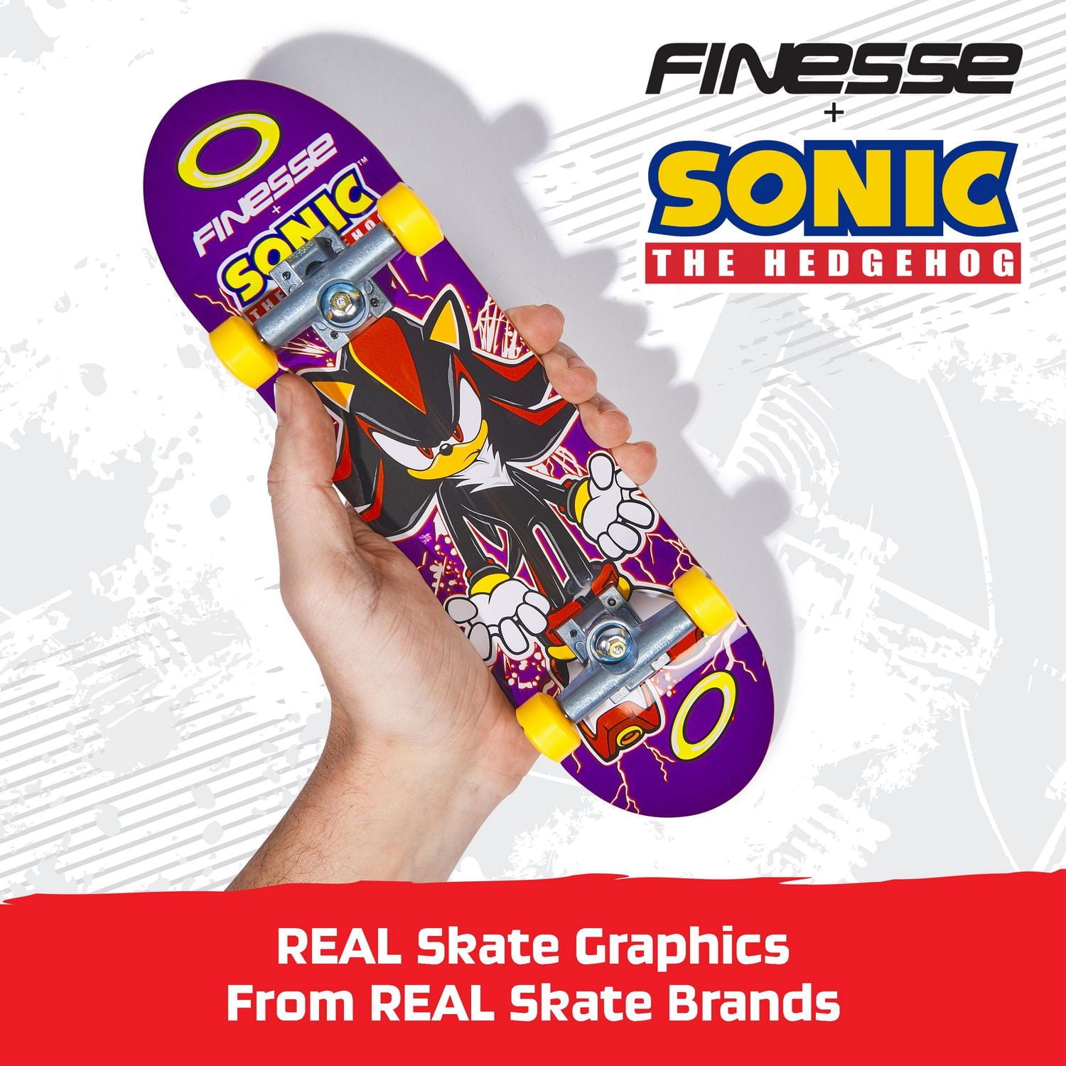 Tech Deck, Finesse X Sonic the Hedgehog Handboard; Authentic Mini Skateboards, Kids Toys for Boys & Girls, Ages 6 and up (Hands Use Only)