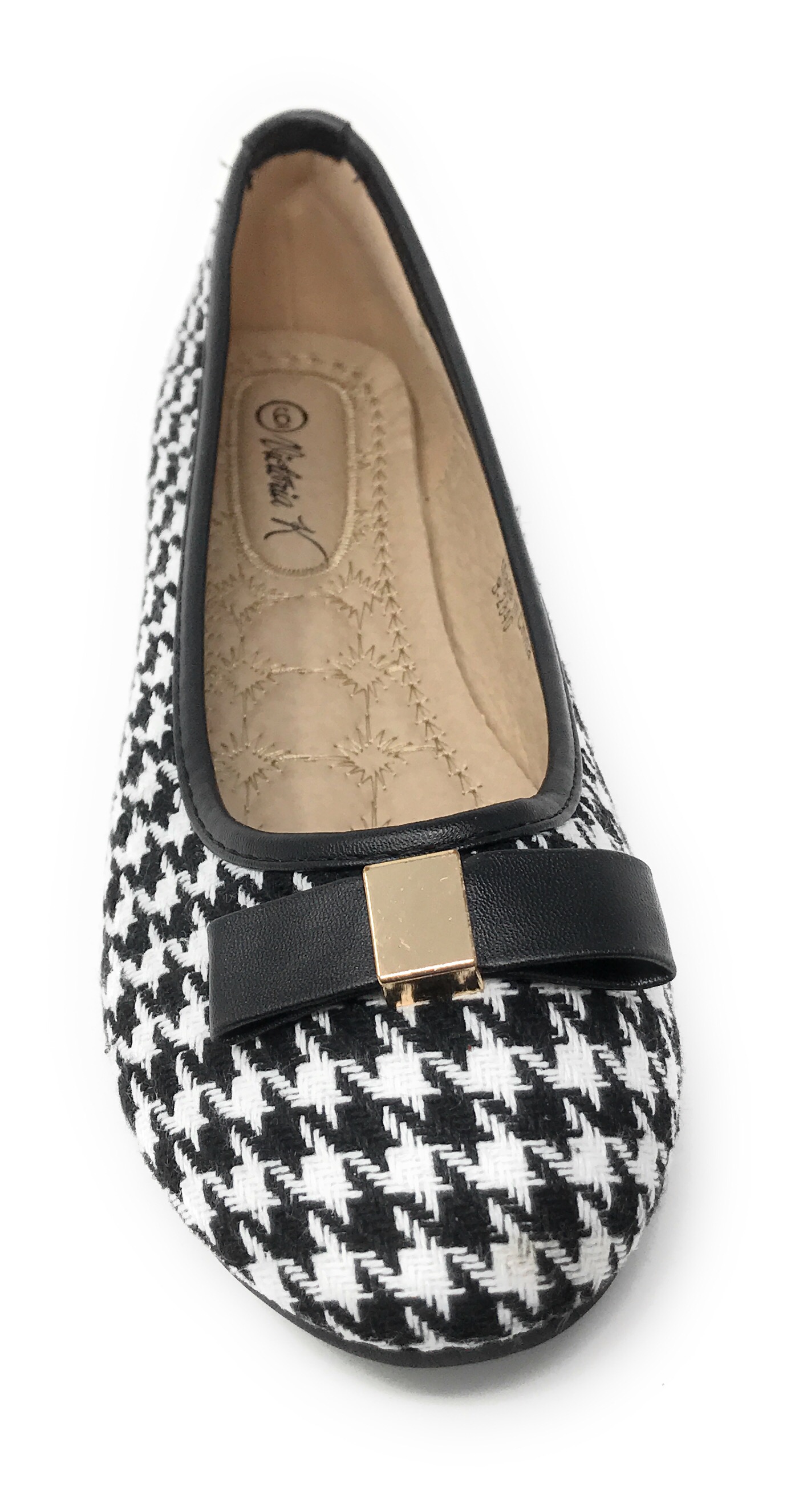 Women’s Black and White Houndstooth Ballerina Flats with Bow – Round Toe Slip-On Dress Shoes – Comfortable Casual Everyday Flats for Work, Office, Travel, or Evening Wear