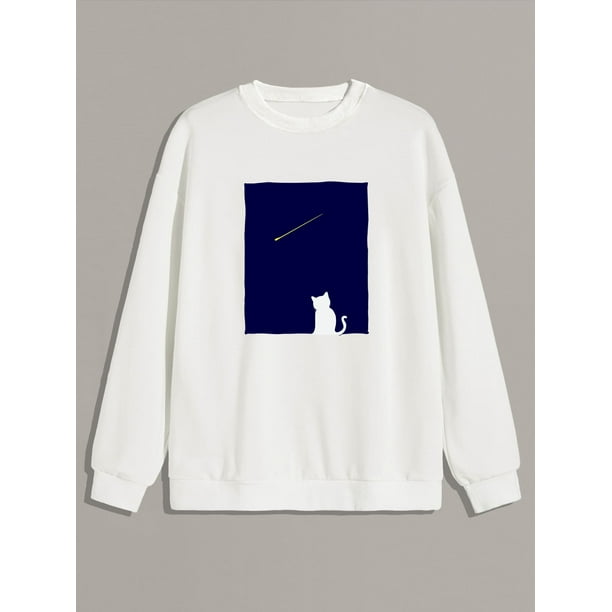 White Casual Guys Cartoon Cat Print Sweatshirt S(4) Y035D - Walmart.com