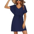 thumbnail image 2 of Summer Saving Wycnly Womens Dresses Beach Casual Tie Waist Loose Swing A Line Short Sundress Summer Solid V-Neck Short Sleeve Formal Mini Dress Navy XL, 2 of 6