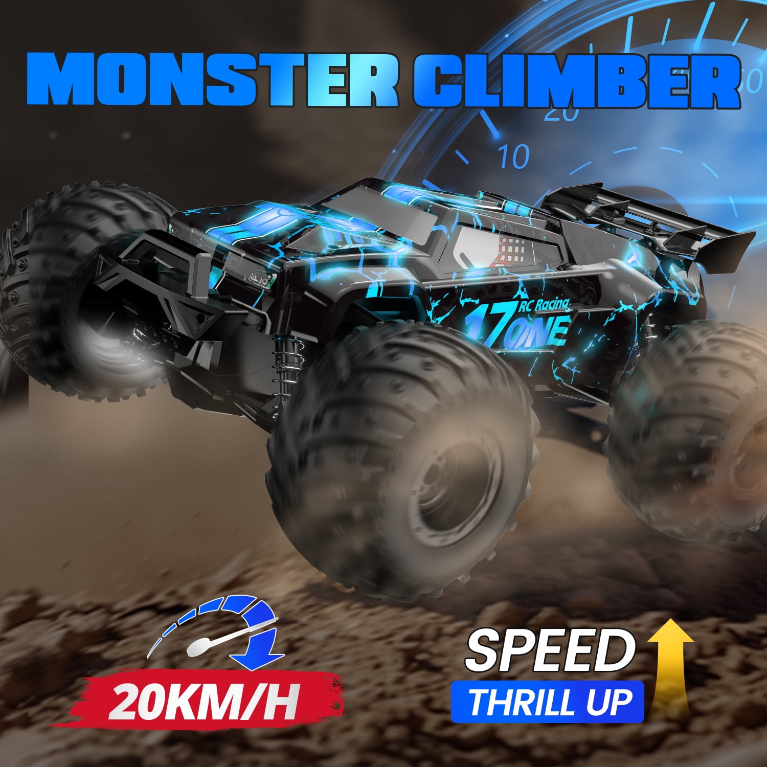 JoyStone Glowing RC Cars with Body Lights & Headlights, 1:14 Scale Remote Control Truck, 15+ mph High Speed Monster Truck, 2 Batteries for Boys Kids, Blue