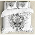 thumbnail image 1 of Doodle King Size Duvet Cover Set, Abstract Hand Drawn Image of a Cat with Elements from Many Cultures Flowers Lines, Decorative 3 Piece Bedding Set with 2 Pillow Shams, Black White, by Ambesonne, 1 of 3