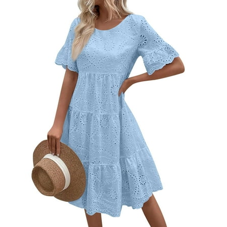 Qwertyu Women s Lace Eyelet Short Sleeve Tiered Midi Dresses Ruffle Hem Babydoll Summer Dresses Light Blue L