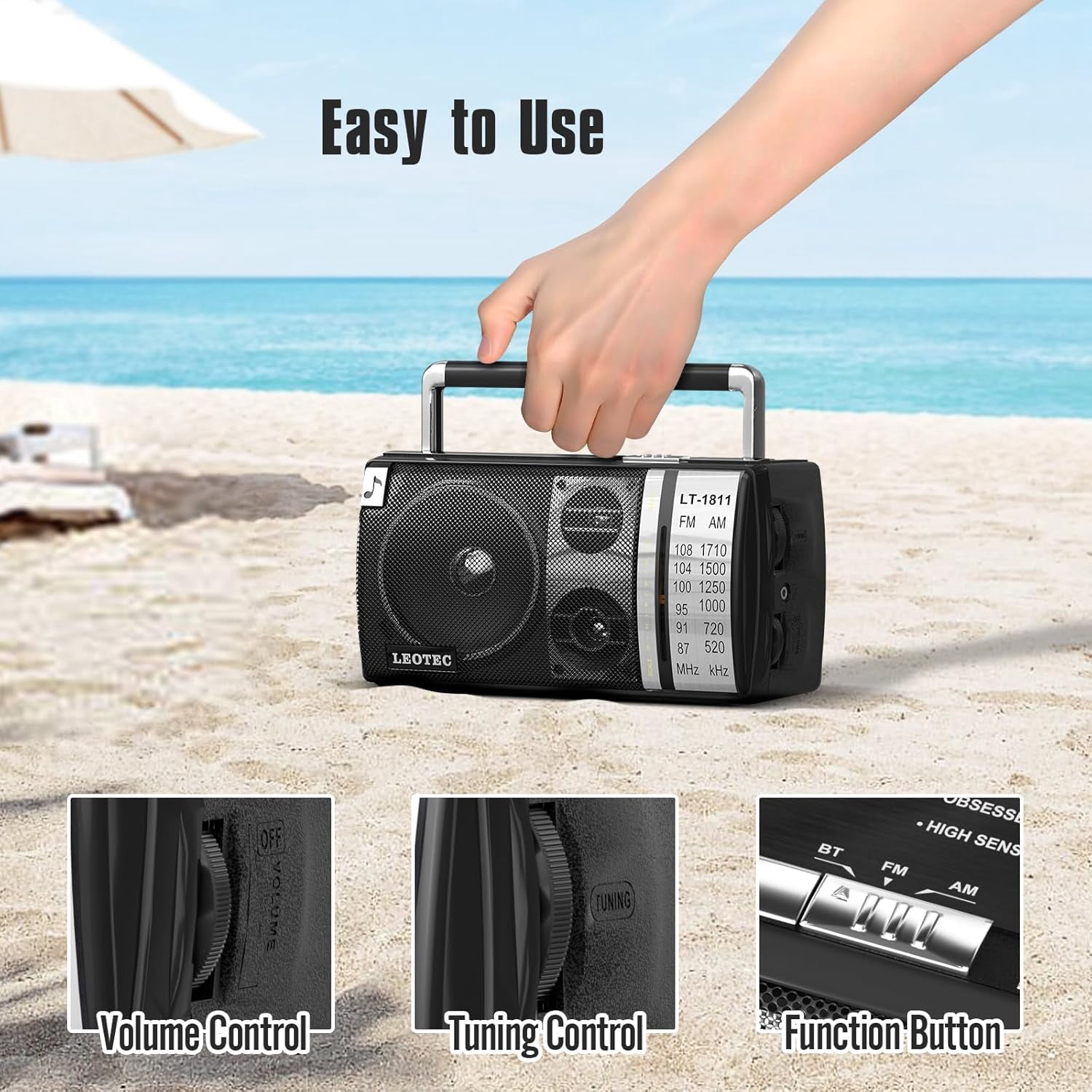 LEOTEC AM FM Radio, Portable Bluetooth Radio, Plug in Wall or Battery Operated Best Reception with Headphone Jack, Handheld Great for Home, Outdoor,Black