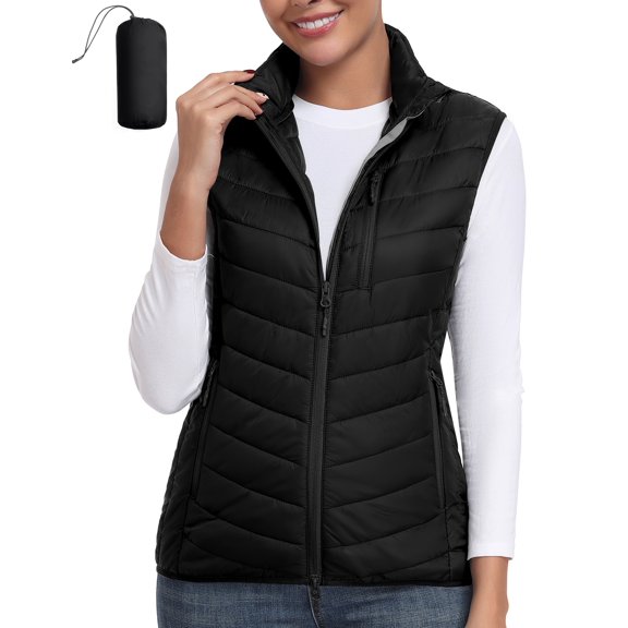 Women's Lightweight Packable Puffer VestWarm Quilted Windproof Sleeveless Jacket with 5 Zipper Pocketsfor Golf Hiking Travel Casual Wear Black XS