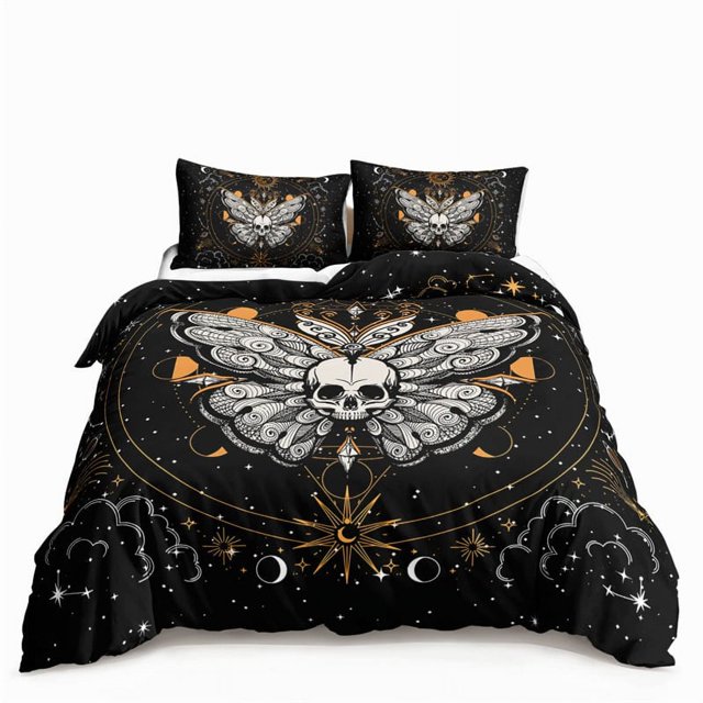 Butterfly And Death Moth Bedding Set For Girls Gothic Skull Boho Comforter Cover Decor Bedroom Sun and Moon Pattern Duvet Cover