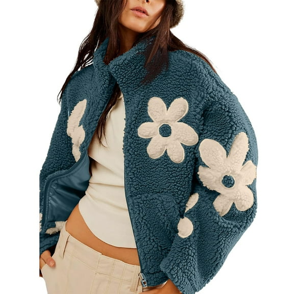Womens Floral Print Fleece Jackets Winter Zipper Cropped Coat Casual Long Sleeve Outwear with Pockets Blue M
