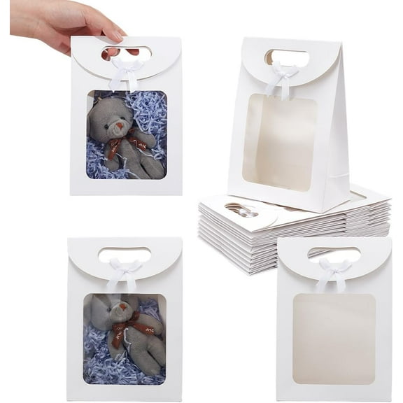 24 Pcs Gift Bag with Window 5.51x2.76x7.68 inch Stand Up Kraft Paper Bags with Handles for Packaging Wedding Christmas Party Store Retail White