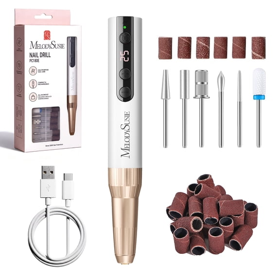 MelodySusie Cordless Nail Drill with 6 Attachments, Electric Nail File, 25 Speeds, Portable , Rechargeable,Dual-Direction for Both Right and Left-handed, Gift, for Seniors Women Men Home Salon,PC180E