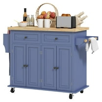 KWUXIN Kitchen Island on Wheels, Rolling Cart with Rubberwood Top, Spice Rack, Towel Rack and Drawers, Navy Blue
