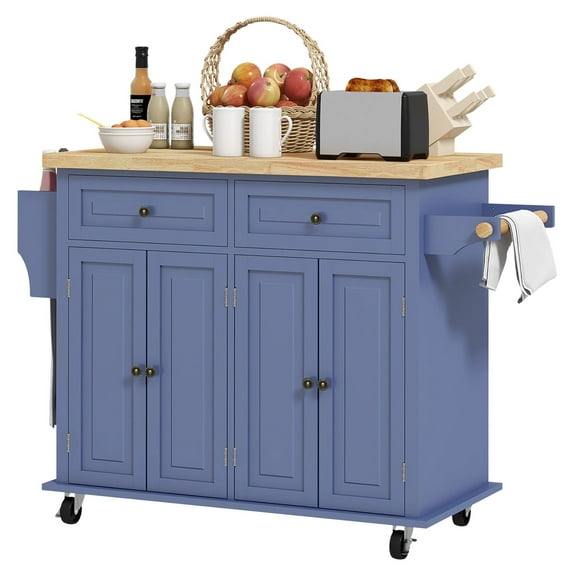 Kitchen Island on Wheels, Navy Blue Rolling Cart with Rubberwood Top, Spice Rack & Drawers, Portable Kitchen Island for Extra Storage