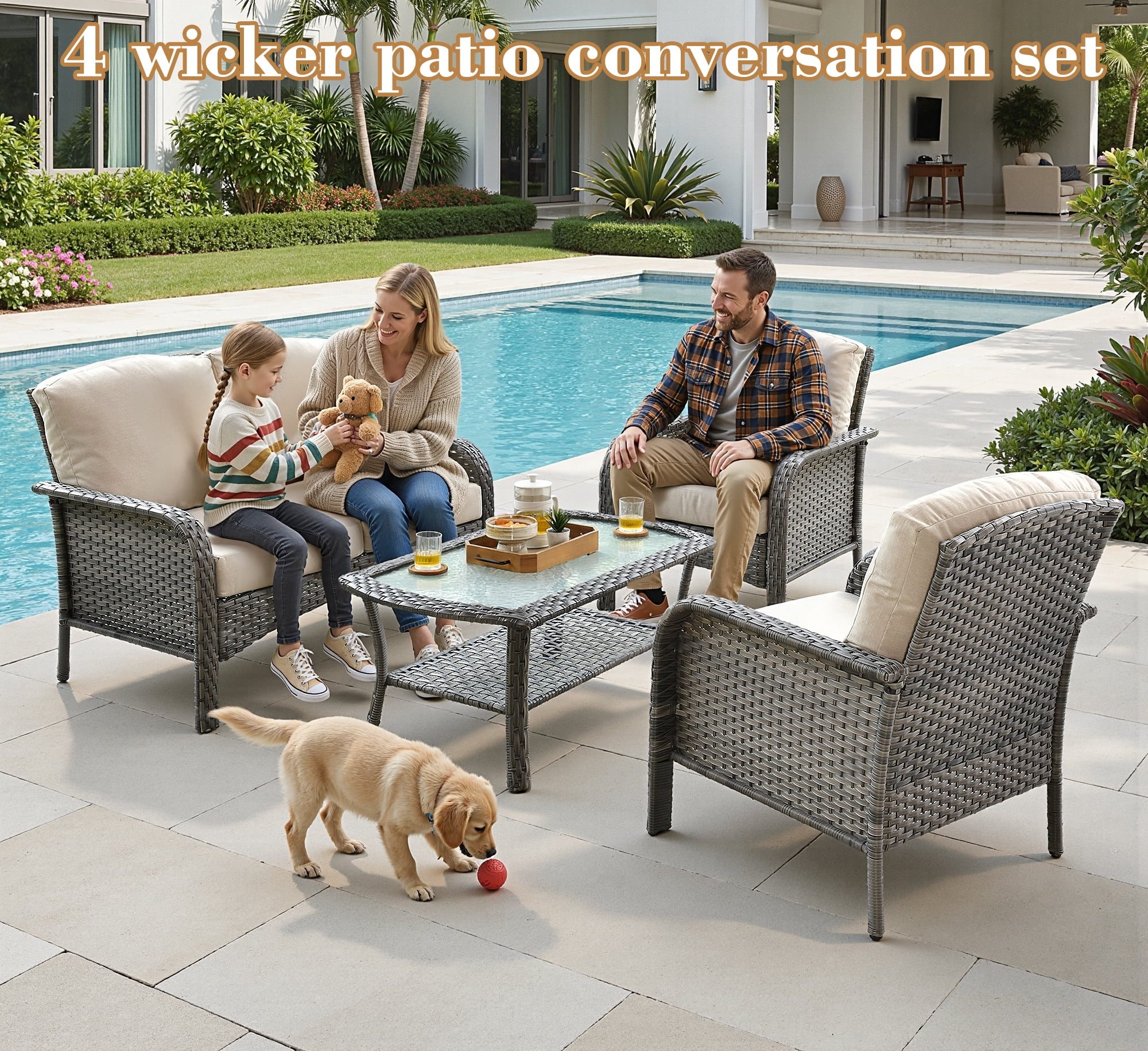 Vcatnet Patio Furniture Sets with Coffee Table 4 Pieces Sectional Sofa Rattan Wicker Outdoor Conversation Set with Loveseat Chair for Porch, Deck, Beige