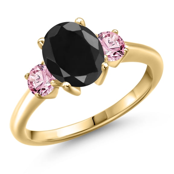 Gem Stone King 10K Yellow Gold Black Sapphire and Pink Lab Grown Diamond Engagement Ring for Women | 3.00 Cttw | Oval 9X7MM | Gemstone September Birthstone | Size 8