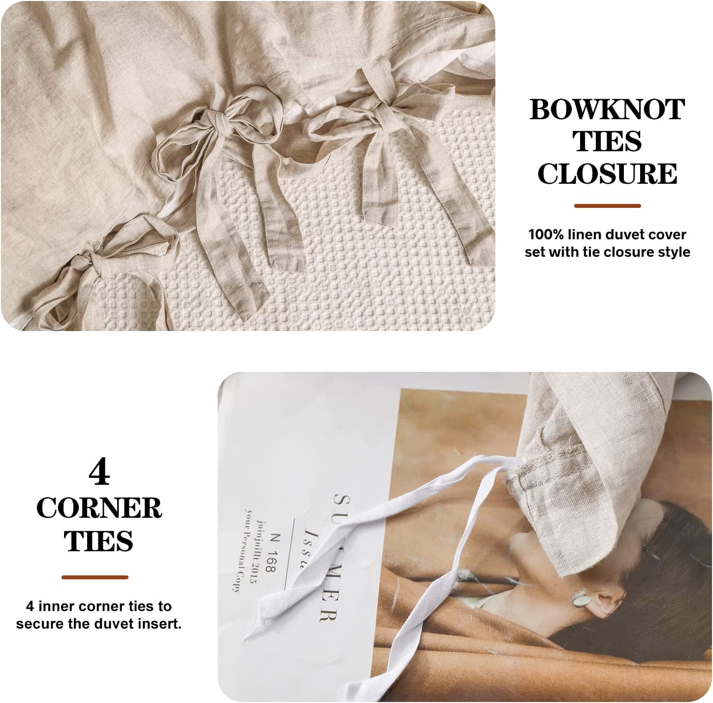 Simple&Opulence 100% Linen Duvet Cover Set, 3 Piece Belgian Flax Breathable Bedding, Queen Size 88''x92'' (1 Comforter Cover+2 Pillowshams) with Tie Closure Style,Linen