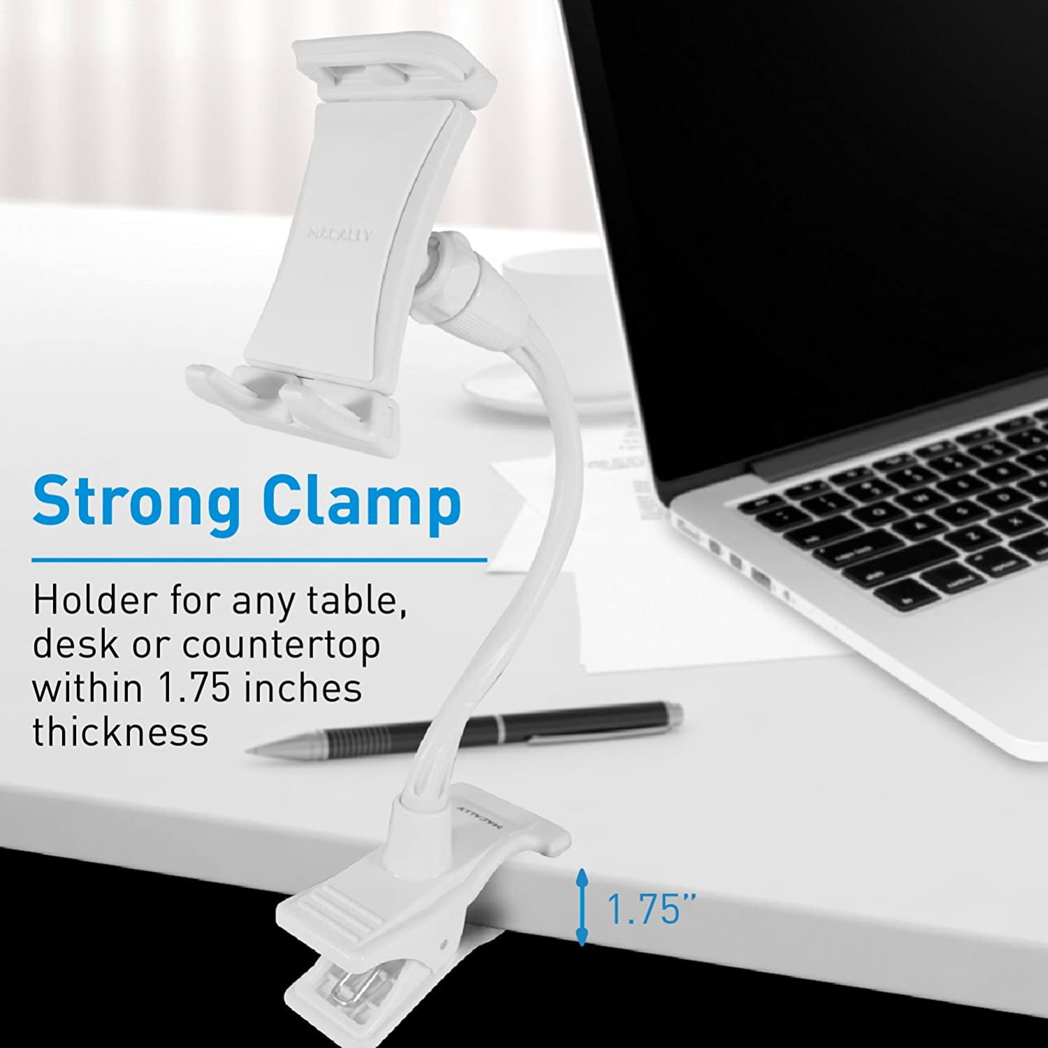 Macally Adjustable Gooseneck Tablet and Phone Stand with Secure Clip for Bed, Desk, Stroller, Bike - Universal