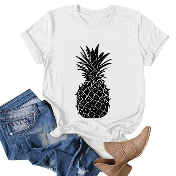 Aayomet Womens Summer Tops Casual Pineapple Printing Shirts Crew Neck Short Summer Tops for Women 2023 White,XL