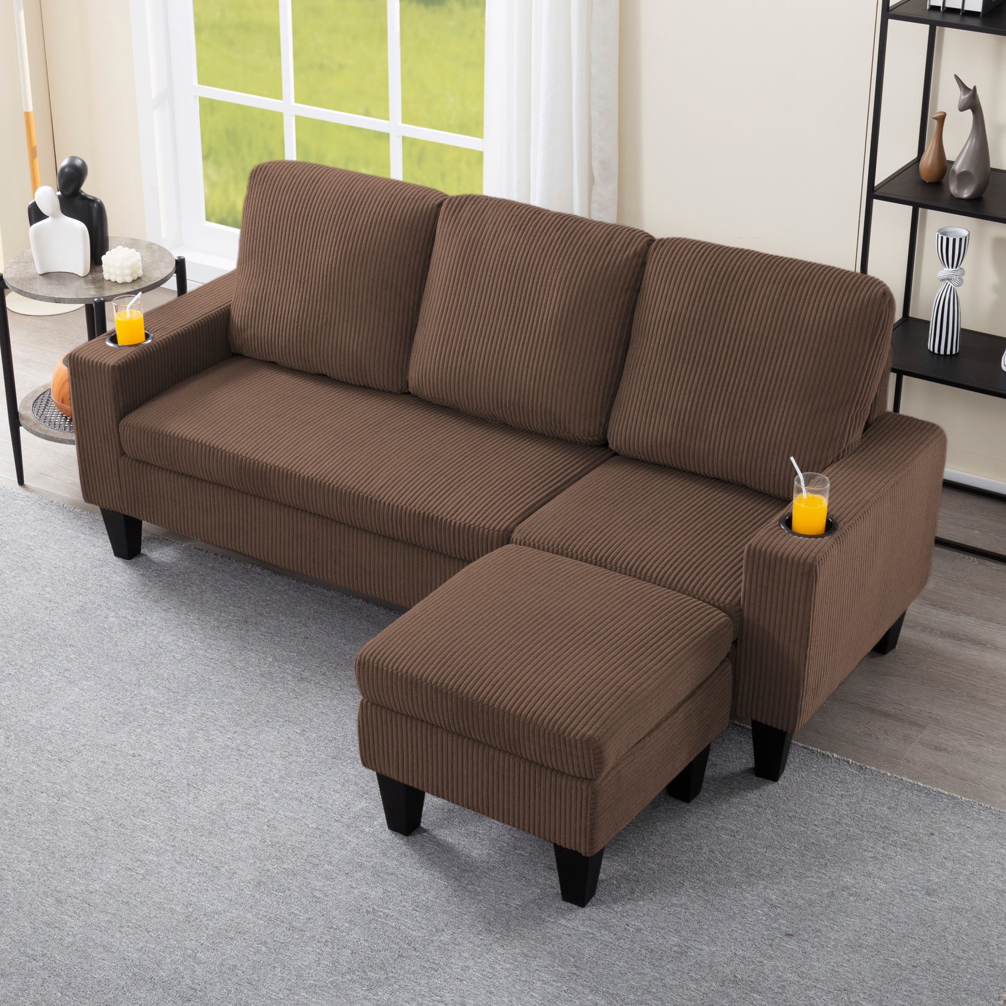 Gewnee Camel 69.88” L-Shaped Sectional Sofa, Corduroy Ottoman & Built-in Cup Holders for Bedroom/Living Room