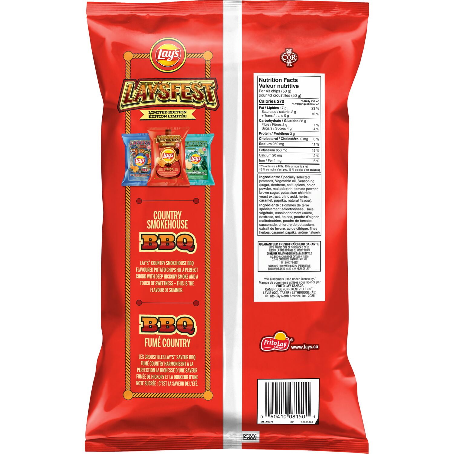 Lay's Country Smokehouse BBQ flavoured Potato Chips, 220 g.