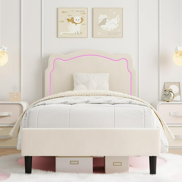 Yeshouse cama de plataforma terciopelo Princess, cabecera LED inteligente, cajón de almacenamiento, soporte de listones de madera, sin muelle de caja