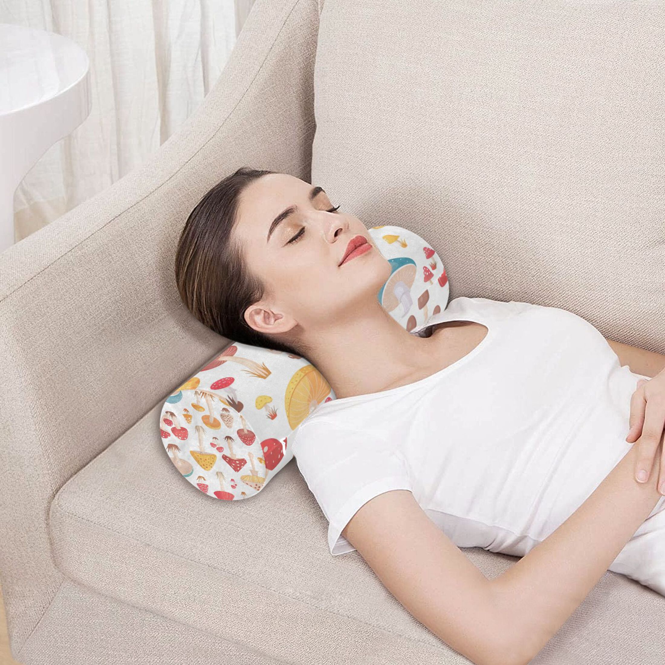 Neck pillow Round Cervical Pillow Cylindrical Pillow Lumbar Pillow Sofa Headrest Pillow Support For the Back, Neck and Head Cartoon Mushroom
