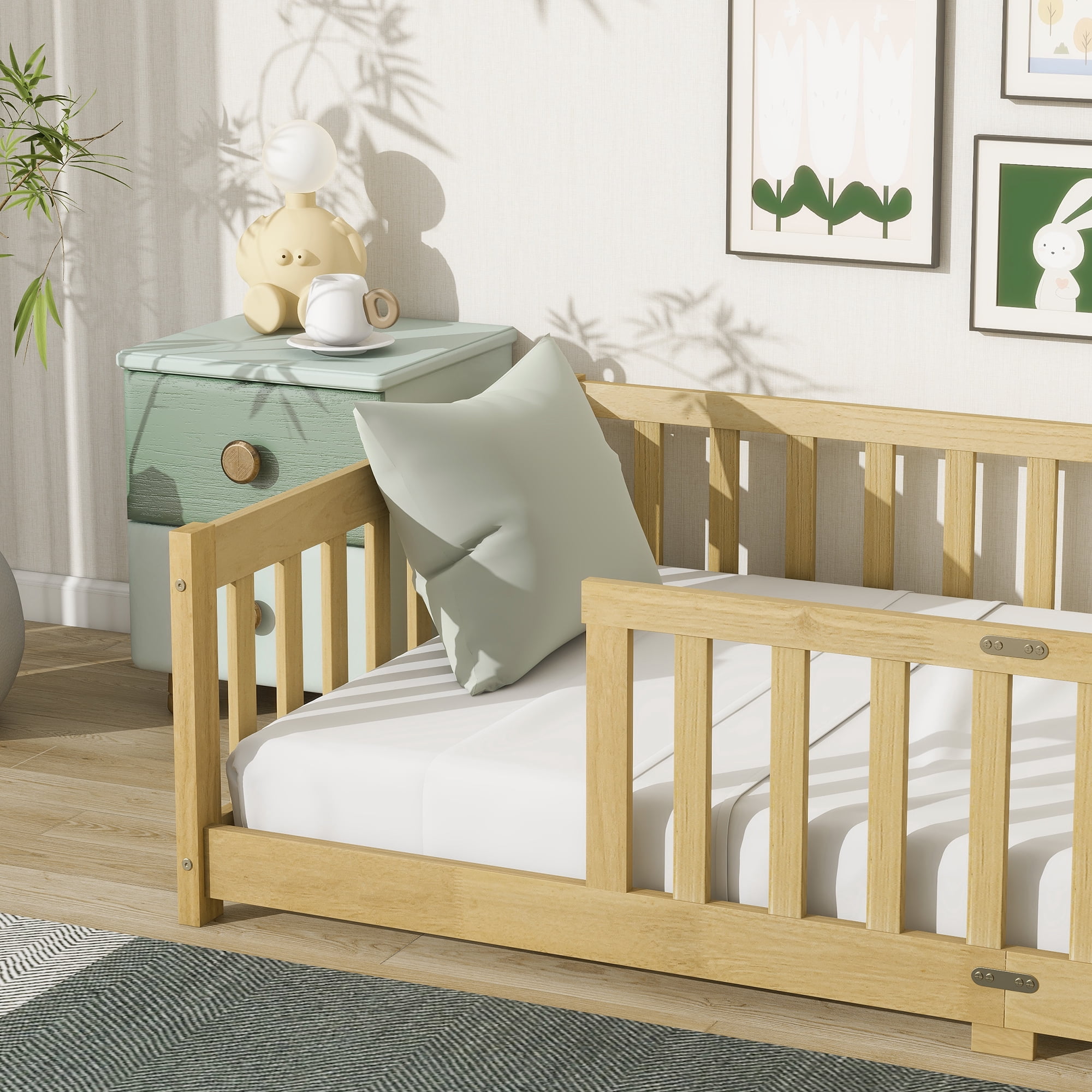 Miniyam Wooden Twin Size Floor Bed with Safety Fence for Kids, Natural