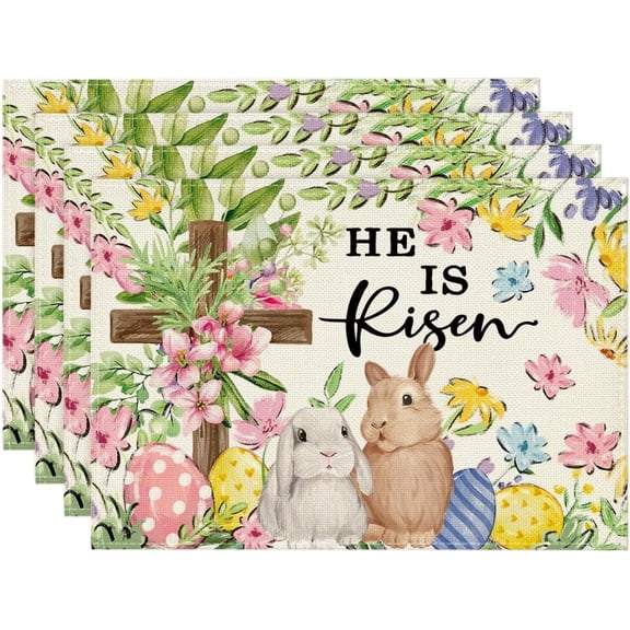 Bunny Rabbits Flower Colorful Eggs Easter Placemats Set of 4, 14 Inch Round Spring Holiday Table Mats for Party Kitchen Dining Decoration