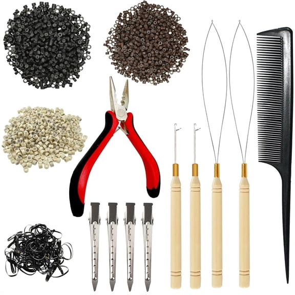 Hair Extension Tools Kit, 3 Colors 600 count Rings Beads Hair Extensions Kit Hair Pliers Pulling Hook Loop Threader and 600 count Links(Black,Brown,Blonde)