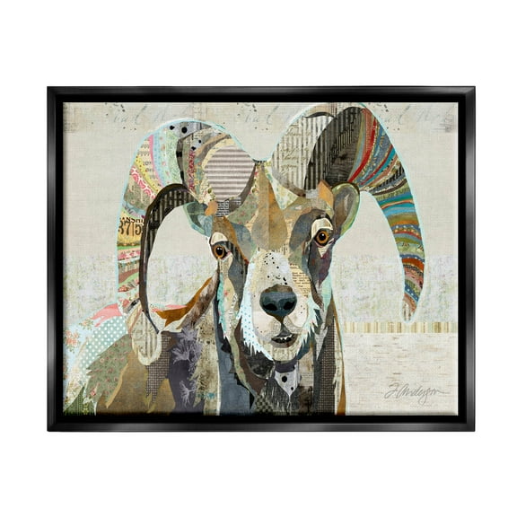Stupell Industries Goat Striped Horns Ephemera Collage Graphic Art Jet Black Floating Framed Canvas Print Wall Art, Design by Traci Anderson