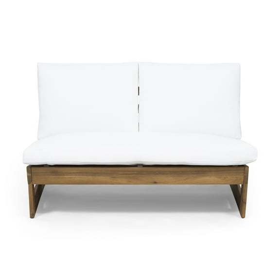 GDF Studio Elloree Outdoor Acacia Wood Loveseat with Cushions, Teak and White