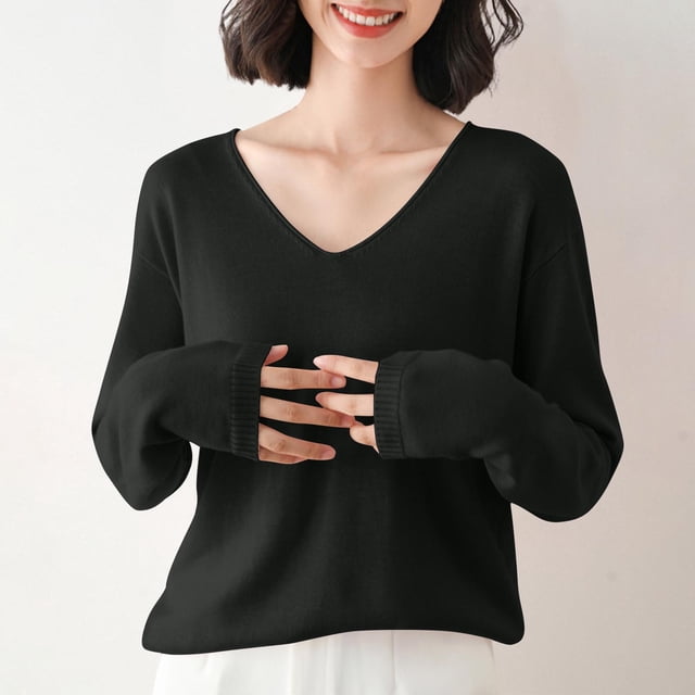 asjyhkr Women Ribbed Knit Shirts Long Sleeve V Neck Tops Solid Color Comfy Loose Fitting T Shirts Sweater