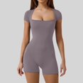 thumbnail image 2 of NMMUED Women's Workout Yoga Bodycon Romper Short Sleeve Square Neck Shorts Jumpsuit Light Violet L, 2 of 9