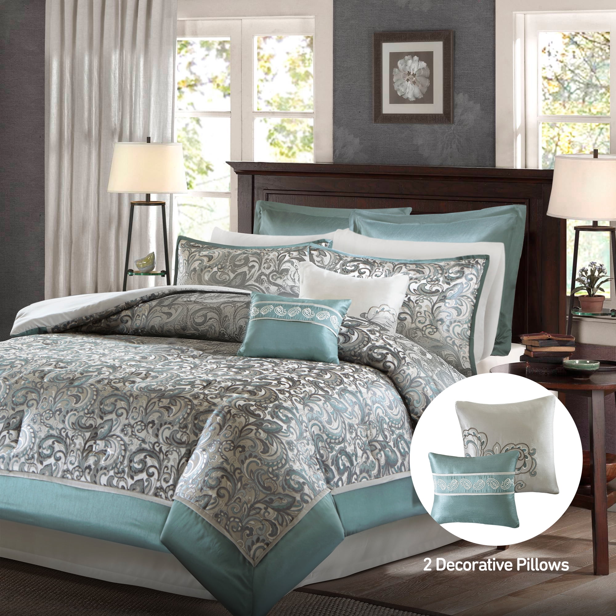 Regency Heights 8 Pieces Jacquard Comforter Set with Bedskirt and Decor Pillows, Queen, Teal