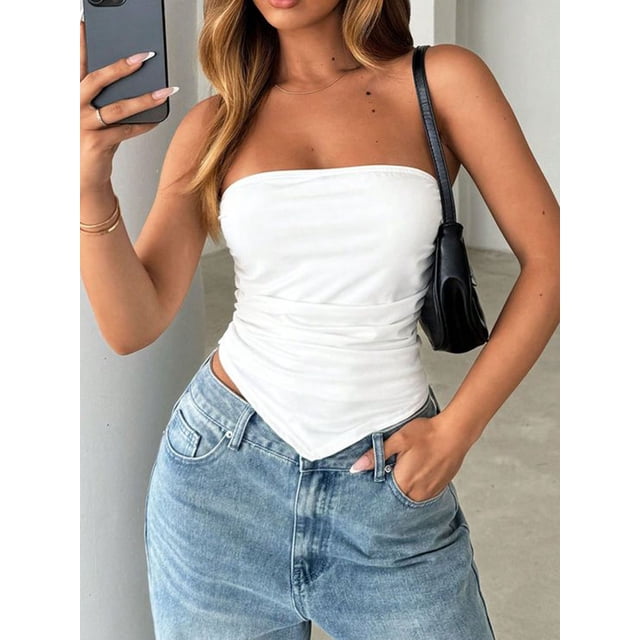 Women's Y2K Asymmetrical Ruched Strapless Tube Top Open Back Slim Fit Crop Bandeau Going Out Top